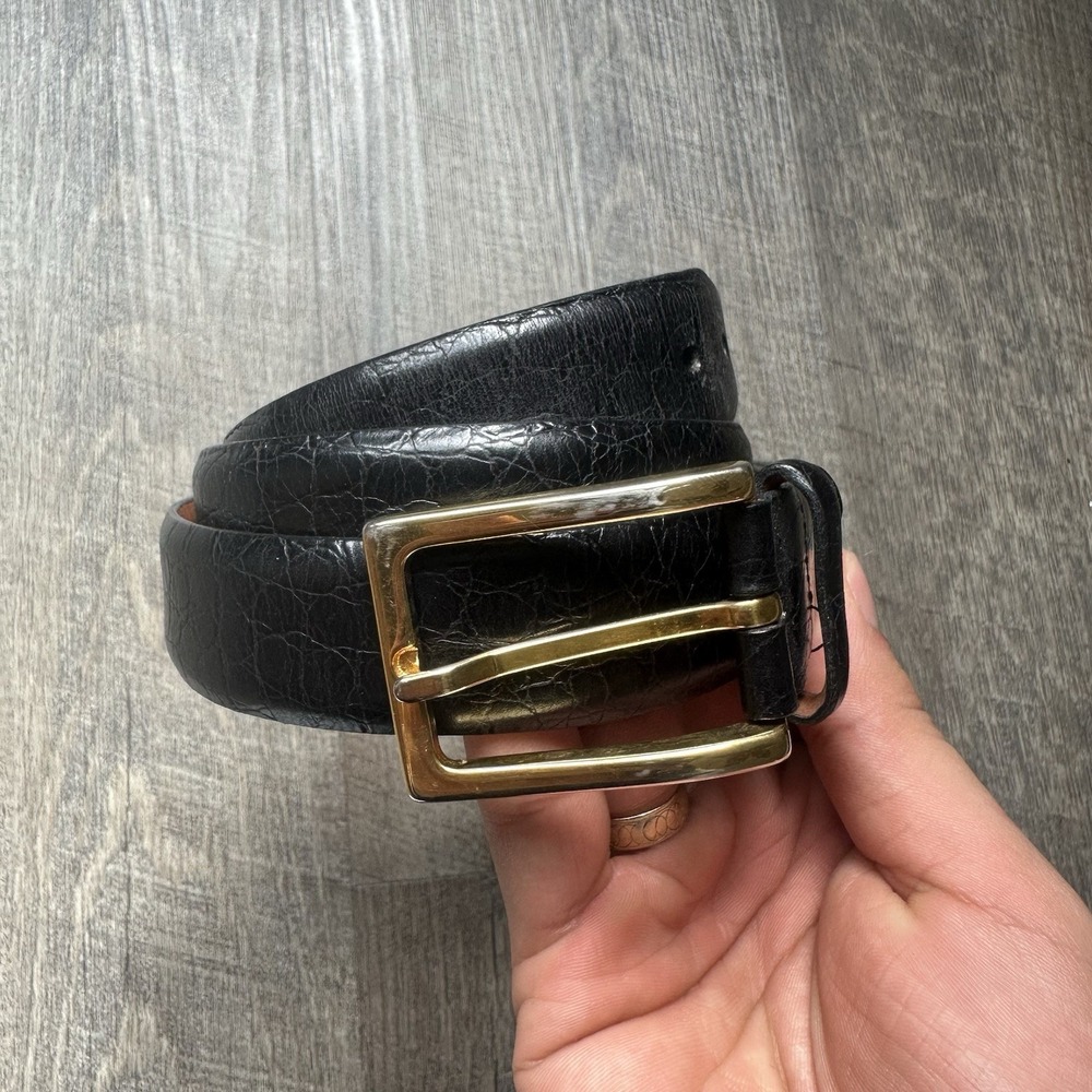 Trafalgarโ Black Embossed Leather Brass Buckle Waist Belt Size 42 105